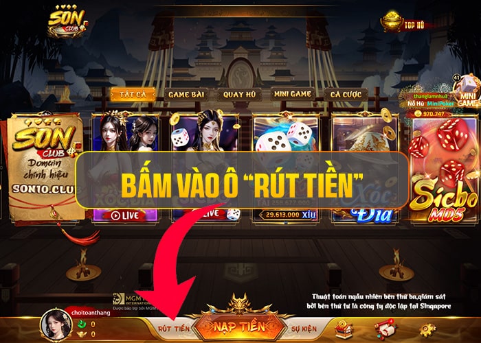 Bấm vào ô Rút Tiền