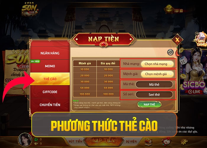 Phương thức nạp tiền Thẻ Cào